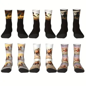 1 Pair Of Southwestern Pattern Crew Socks, Breathable Comfy Casual Unisex Socks For Men's Outdoor Wearing All Seasons Wearing