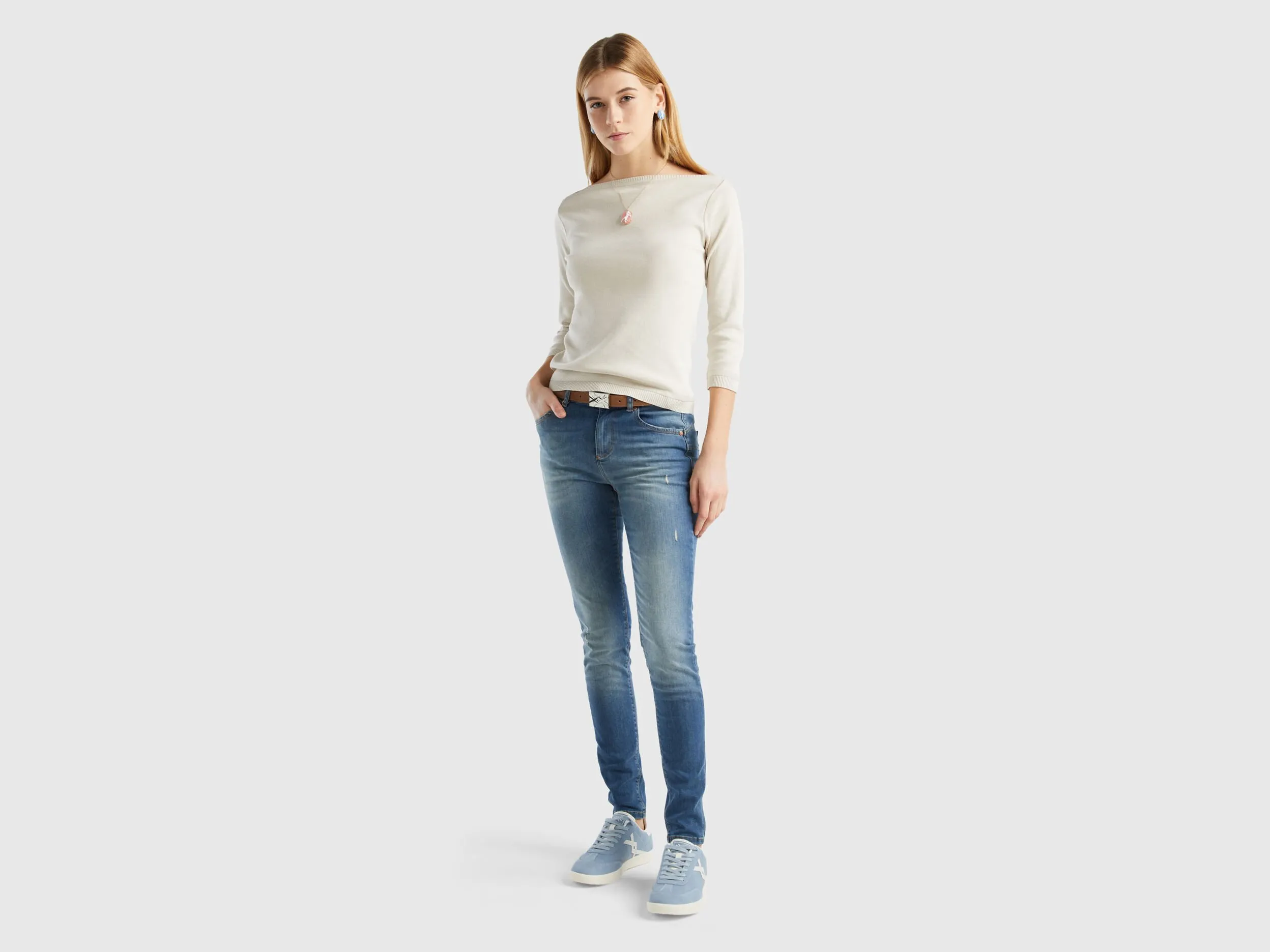 100% cotton boat neck sweater - Beige | Benetton