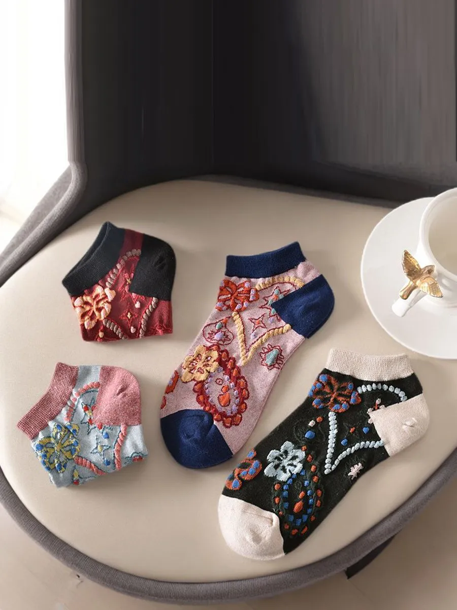 5 Pairs Women Summer Flower Jacquard Short Socks KL1039