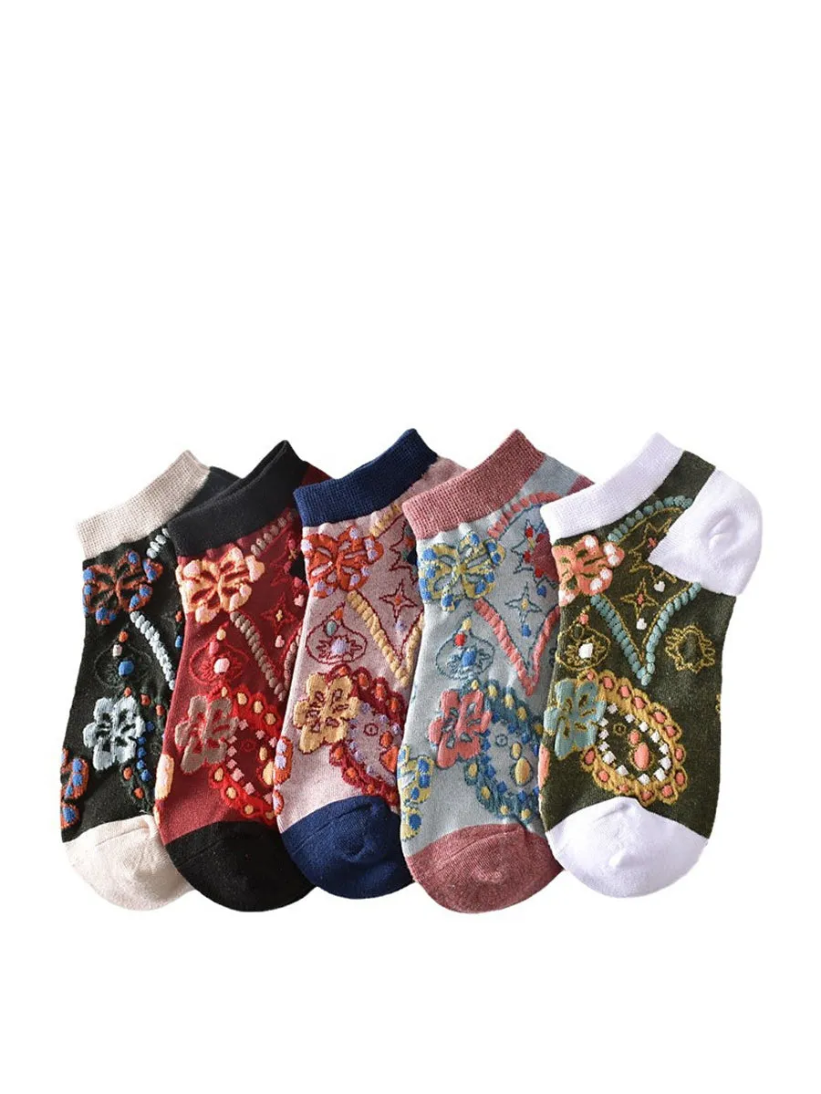 5 Pairs Women Summer Flower Jacquard Short Socks KL1039