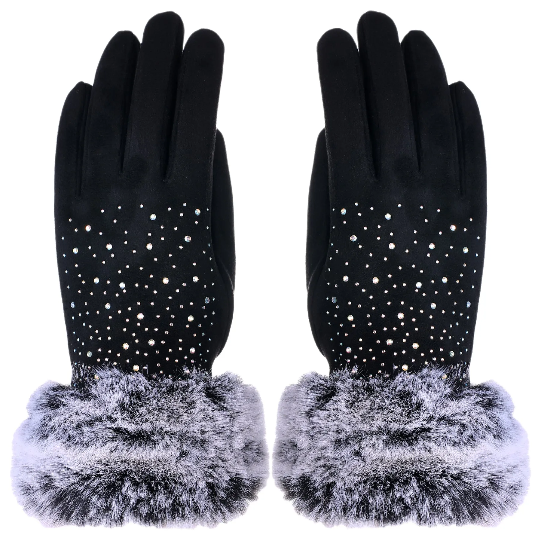 Audrey Faux Fur Gloves in Black with AB White Crystals