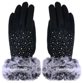 Audrey Faux Fur Gloves in Black with AB White Crystals