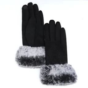 Audrey Faux Fur Gloves in Black with Black Crystals