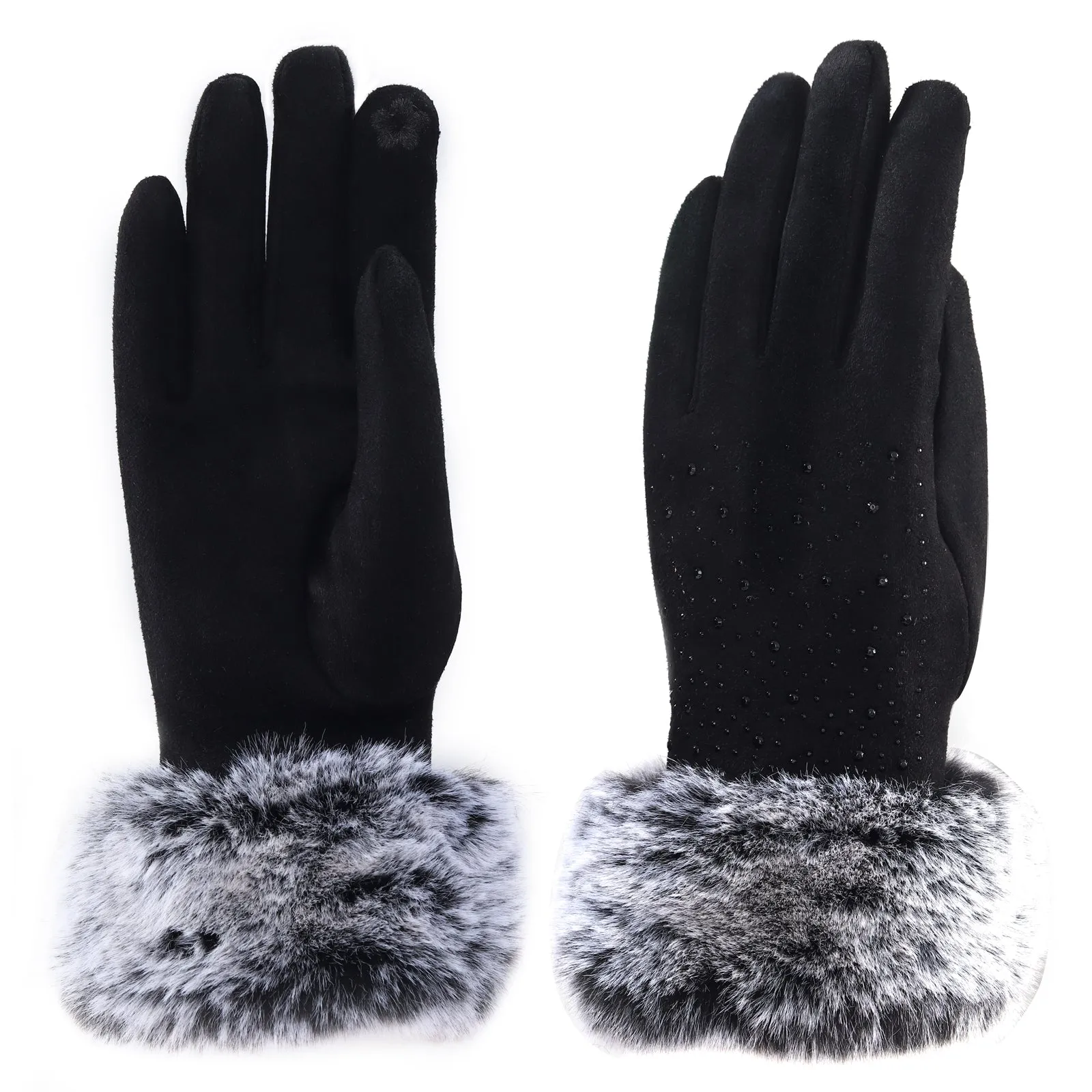 Audrey Faux Fur Gloves in Black with Black Crystals