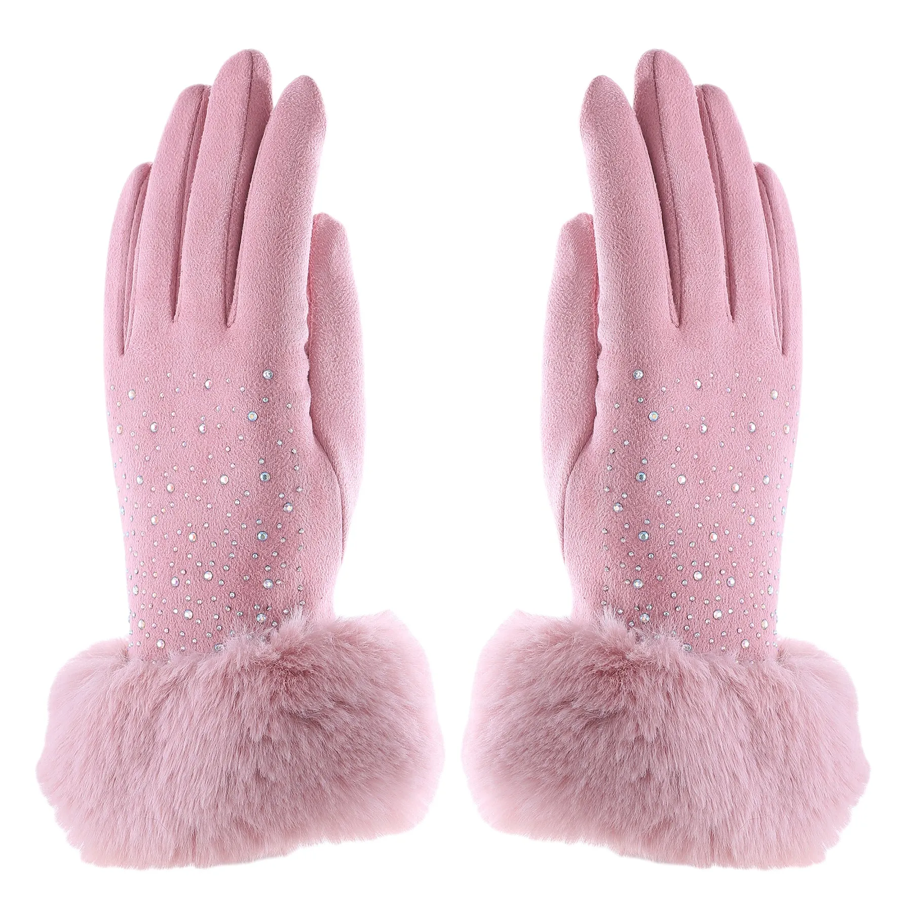 Audrey Faux Fur Gloves in Pink with AB Crystals