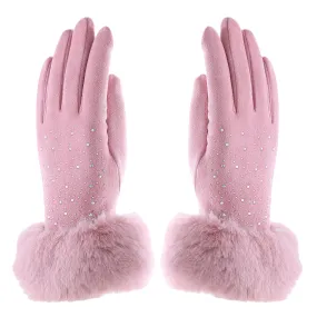 Audrey Faux Fur Gloves in Pink with AB Crystals