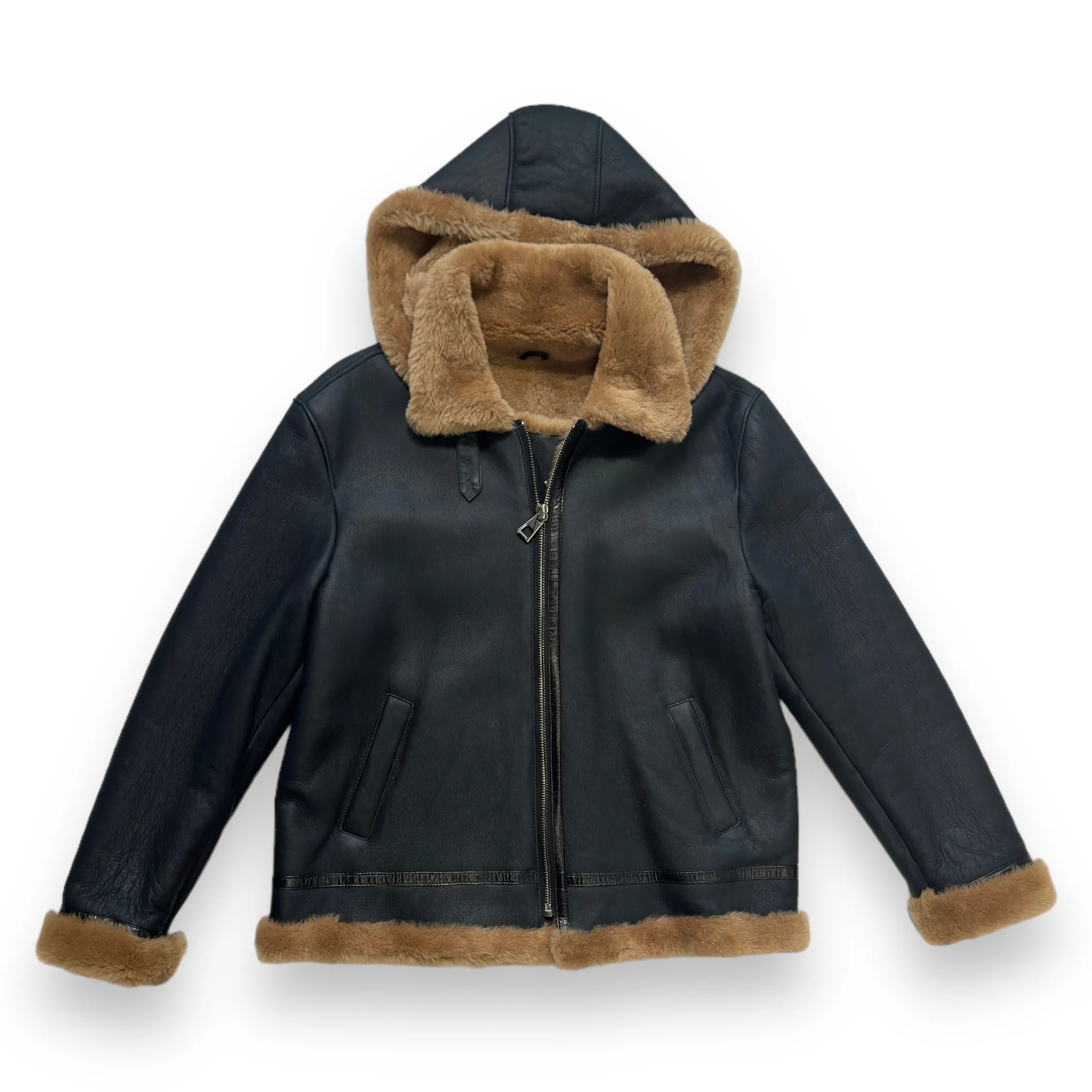 Dark Blue Antique Shearling with Hood - Daniel's Leather