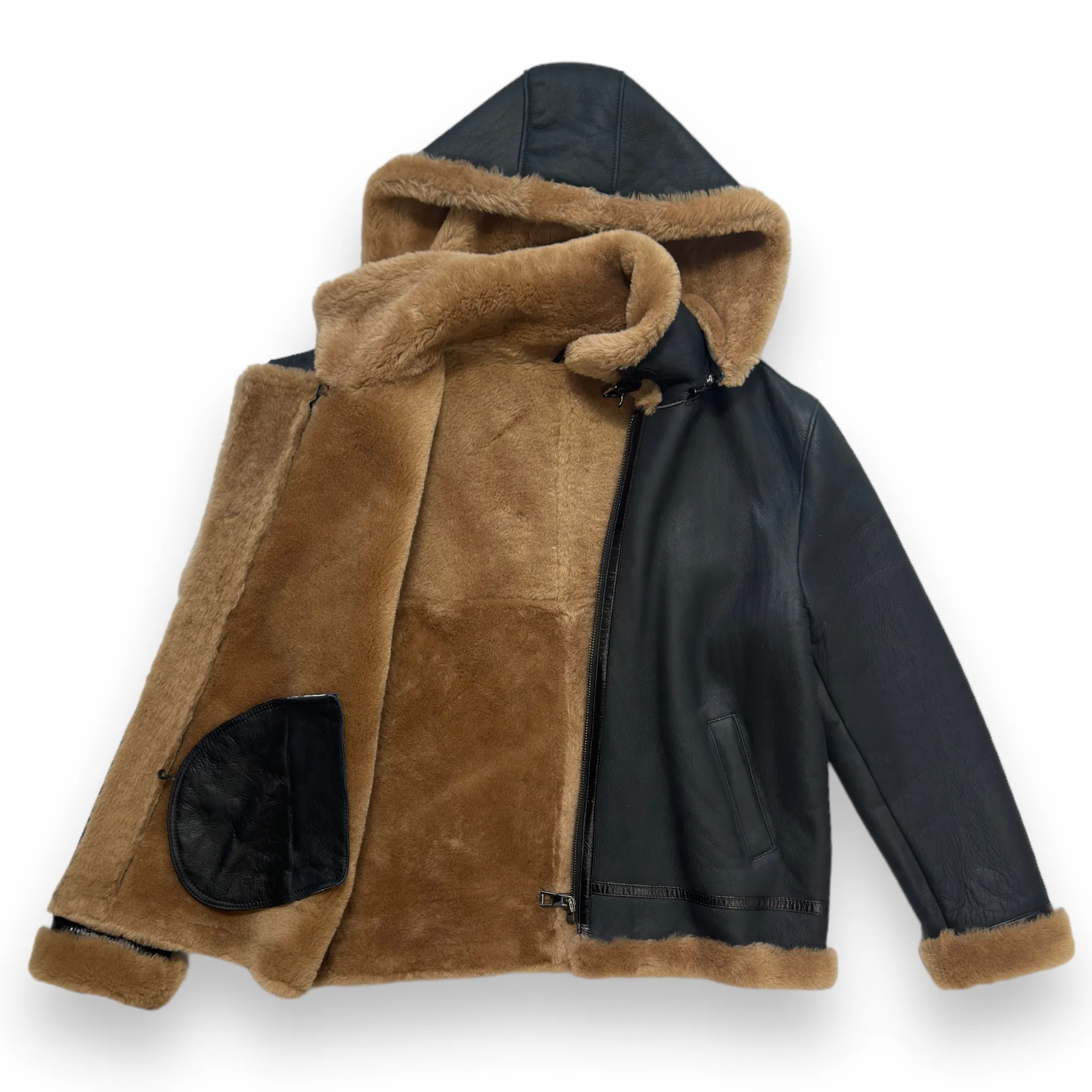 Dark Blue Antique Shearling with Hood - Daniel's Leather