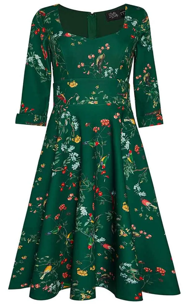 Dolly and Dotty Debra Dress in Green Bird Print - 2XL & 4XL left only