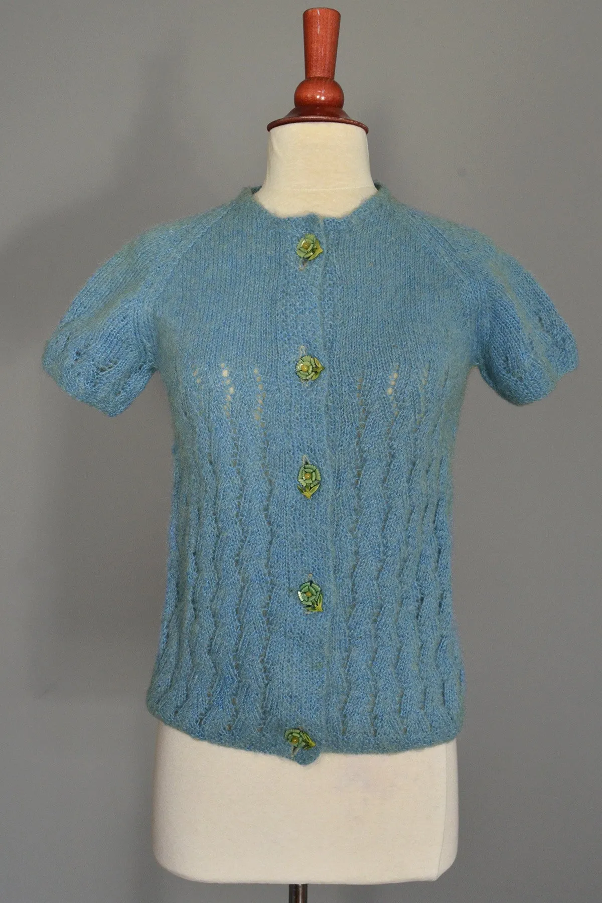 Dusty Blue Fuzzy Daisy Buttons Sweater