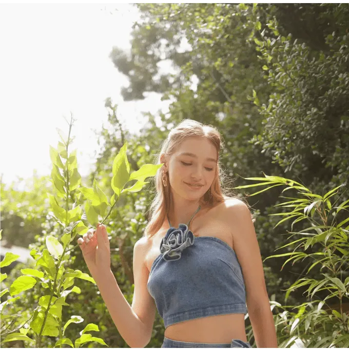 Floral Corsage Denim Top in Blue