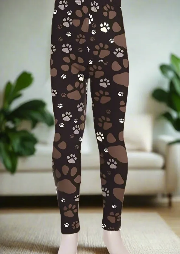 Girls Dog Paw Leggings, Kids Yoga Pants, Sizes S/L, No-Roll Waist, Black/Brown