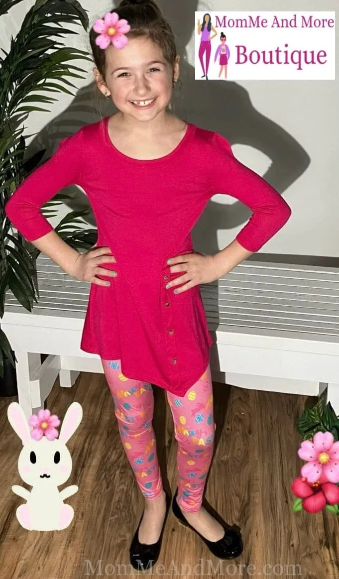 Girls Happy Easter Leggings, Kids Yoga Pants, Sizes S/L, Yoga Waist, Pink, Exclusive Leggings