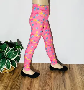 Girls Happy Easter Leggings, Kids Yoga Pants, Sizes S/L, Yoga Waist, Pink, Exclusive Leggings