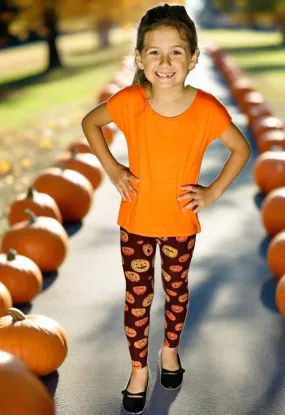 Girls Pumpkin Leggings, Kids Yoga Pants, Sizes S/L, No-Roll Waist, Orange/Black