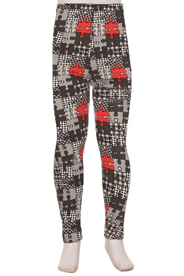 Girls Puzzle Leggings, Kids Yoga Pants, Sizes S/L, No-Roll Waist, Black/Red