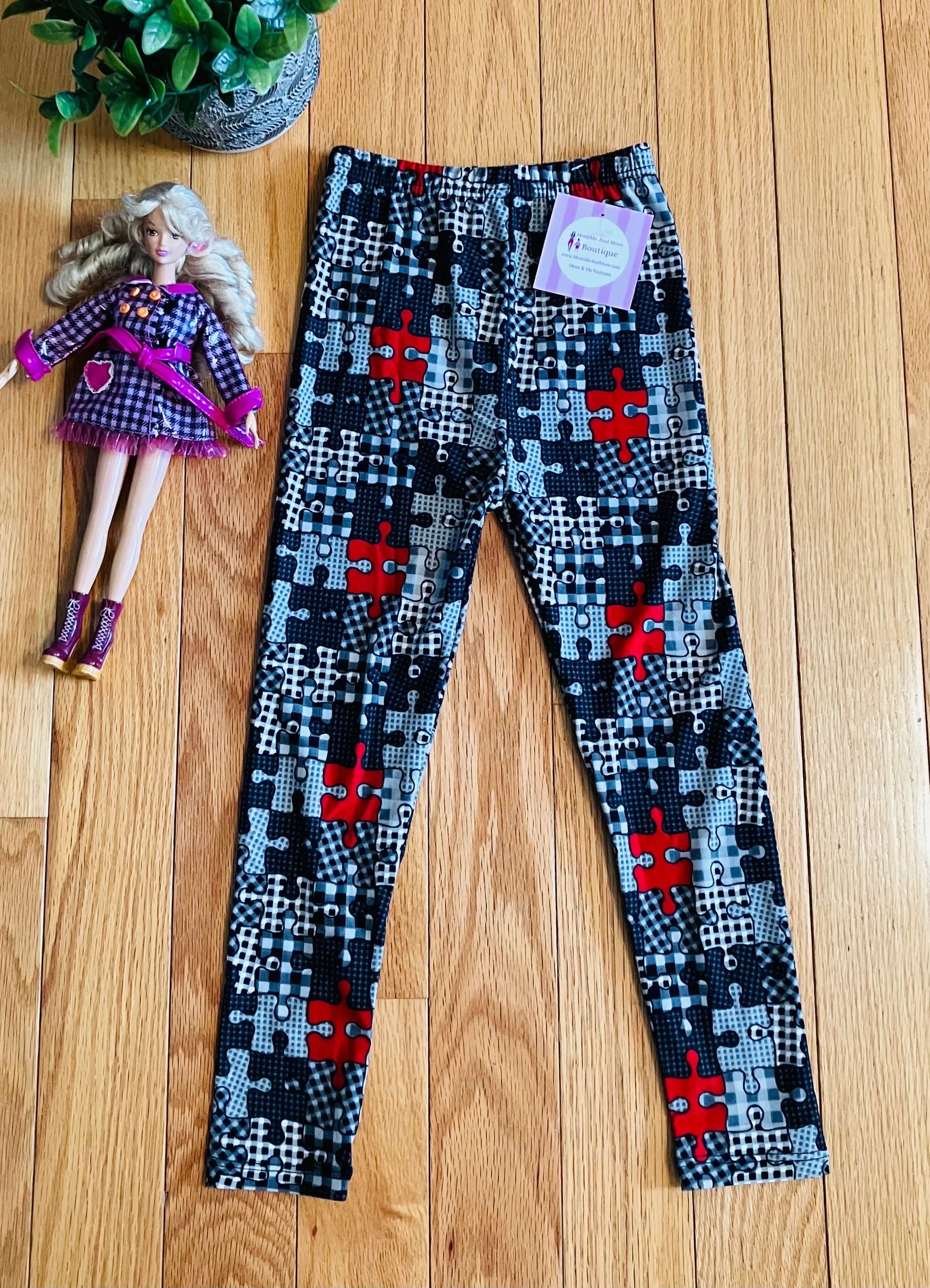 Girls Puzzle Leggings, Kids Yoga Pants, Sizes S/L, No-Roll Waist, Black/Red