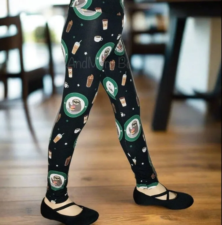 Girls Sloth Coffee Donut Leggings, Kids Yoga Pants, Sizes S/L, Yoga Waist, Black/Green, Exclusive Leggings