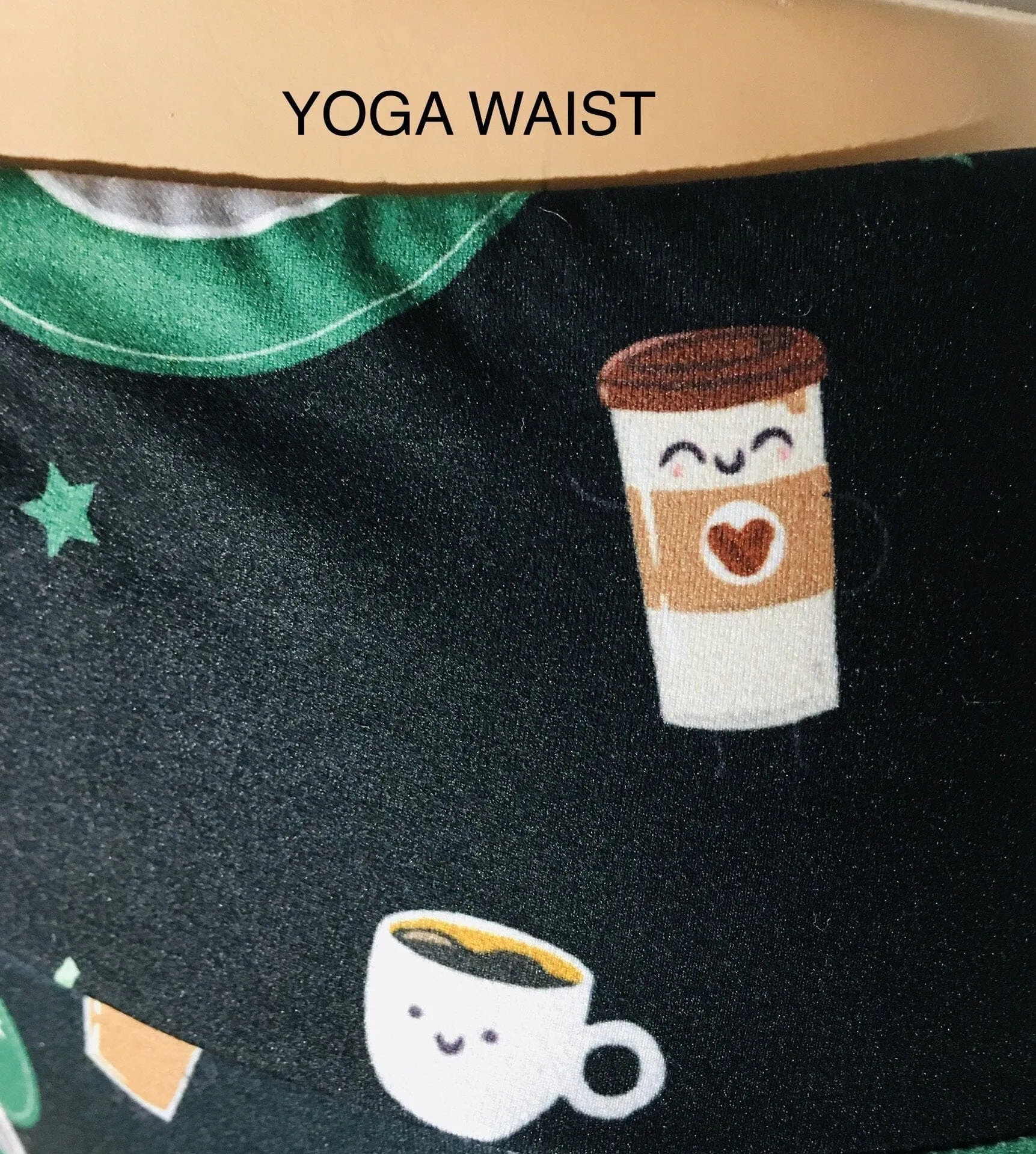 Girls Sloth Coffee Donut Leggings, Kids Yoga Pants, Sizes S/L, Yoga Waist, Black/Green, Exclusive Leggings