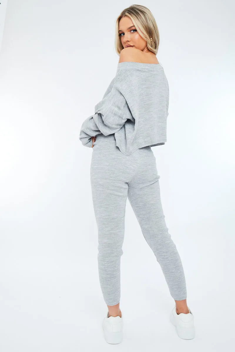 Grey Cropped Knit Sweatshirt & Leggings Set - Damara