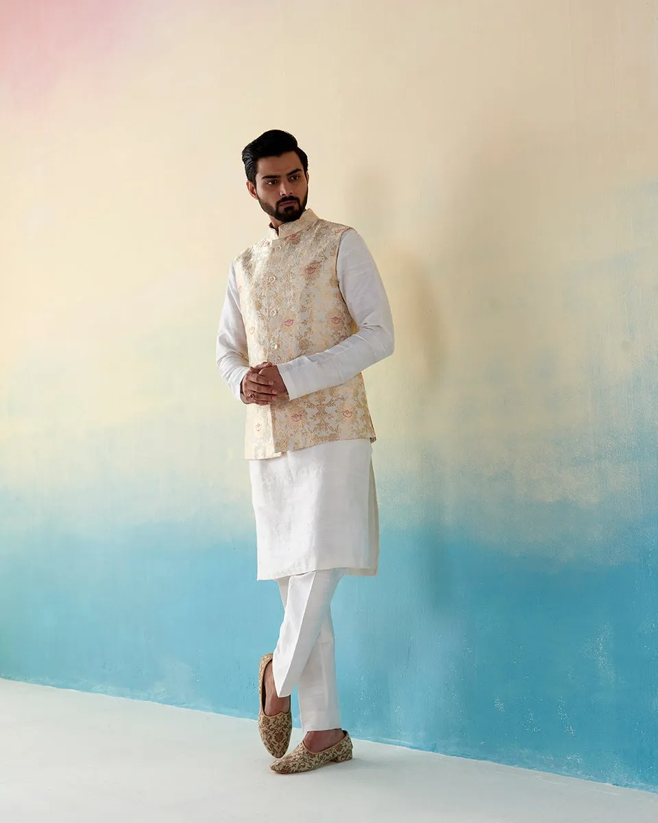 Handloom White Pure Katan Silk Banarasi Nehru Jacket