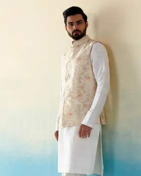 Handloom White Pure Katan Silk Banarasi Nehru Jacket