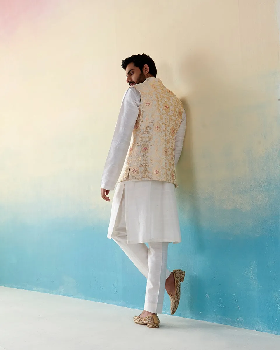 Handloom White Pure Katan Silk Banarasi Nehru Jacket