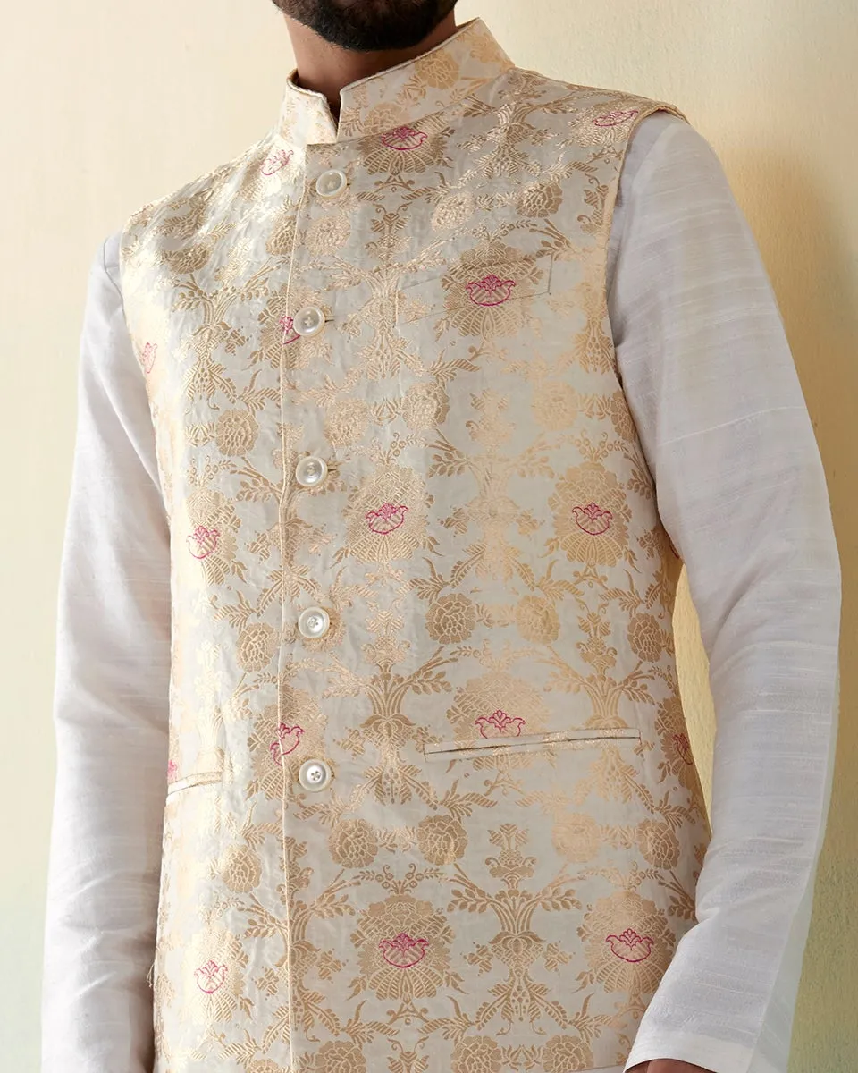 Handloom White Pure Katan Silk Banarasi Nehru Jacket