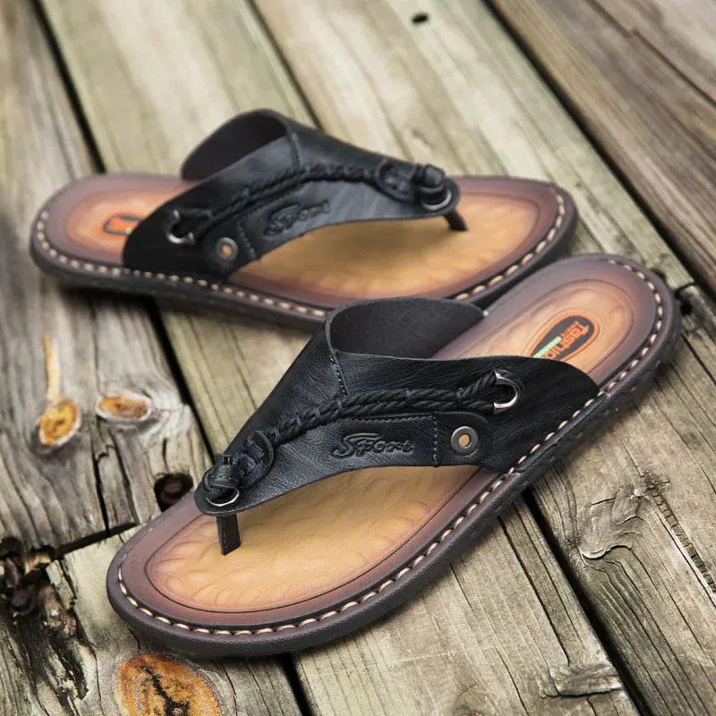 Handmade Leather Slippers Men's Flip-flops Breathable Comfortable