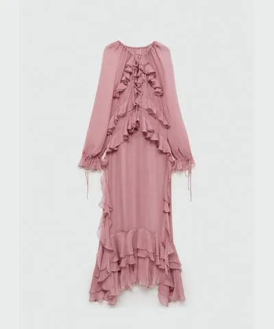 MANGO Women's Ruffles Detail Semi-Sheer Chiffon Dress