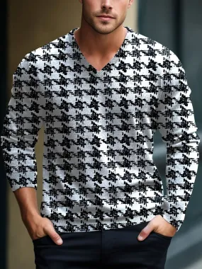 Men Black and White Plaid V-Neck Lnit Long Sleeve Sweater