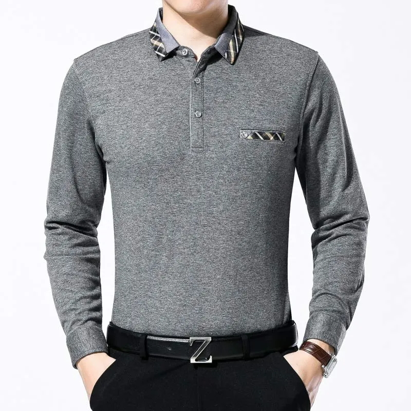 Men's Breathable Solid Color Long Sleeve Polo Shirt with Pocket