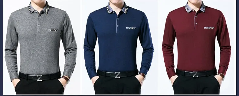 Men's Breathable Solid Color Long Sleeve Polo Shirt with Pocket