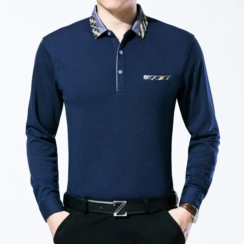 Men's Breathable Solid Color Long Sleeve Polo Shirt with Pocket