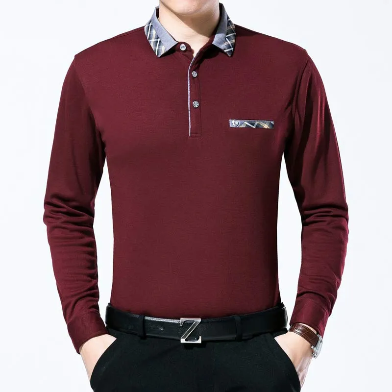 Men's Breathable Solid Color Long Sleeve Polo Shirt with Pocket