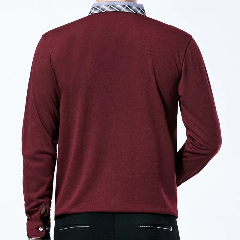 Men's Breathable Solid Color Long Sleeve Polo Shirt with Pocket