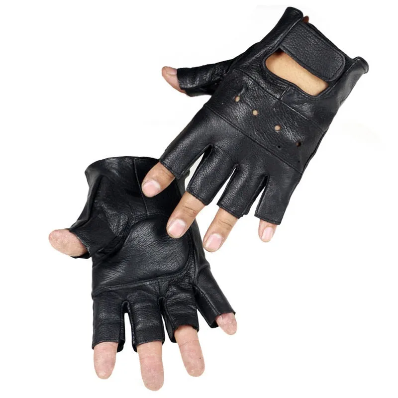 Men's Genuine Sheep Leather Anti-Skid Fitness Workout Half-Finger Gloves