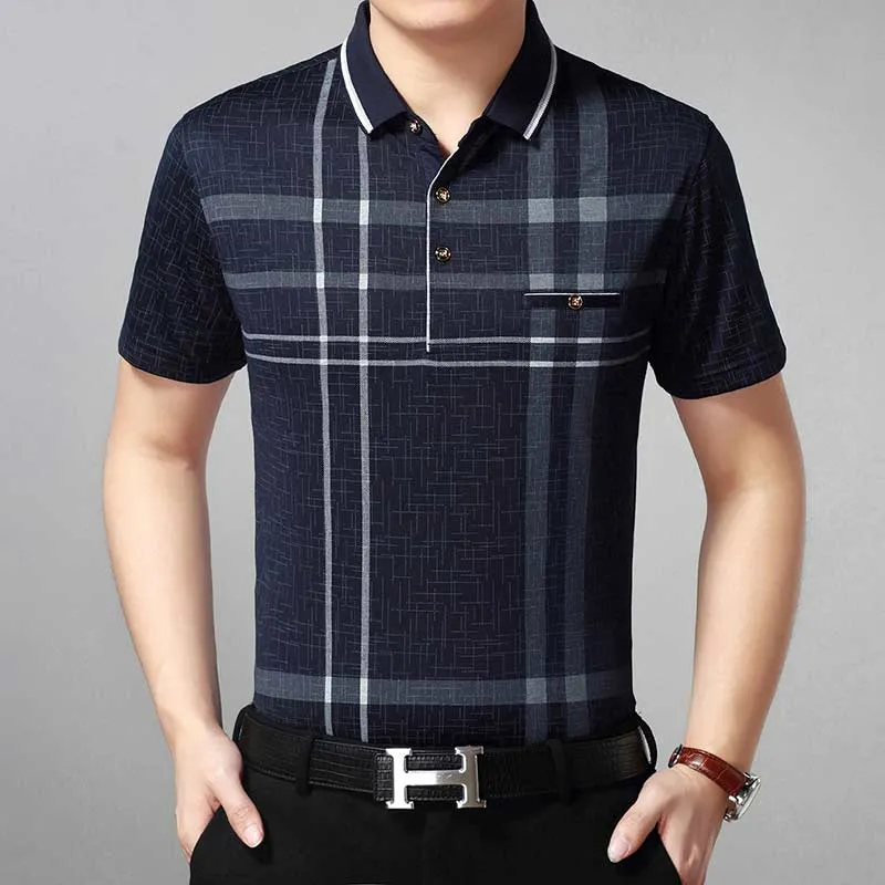 Men's Summer Breathable Contrast Color Plaid Short Sleeve Polo Shirt