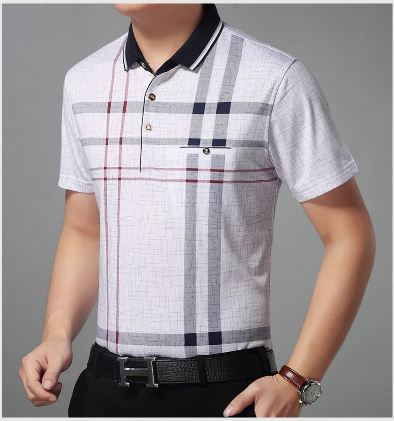 Men's Summer Breathable Contrast Color Plaid Short Sleeve Polo Shirt