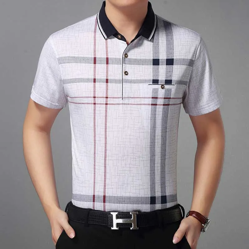 Men's Summer Breathable Contrast Color Plaid Short Sleeve Polo Shirt