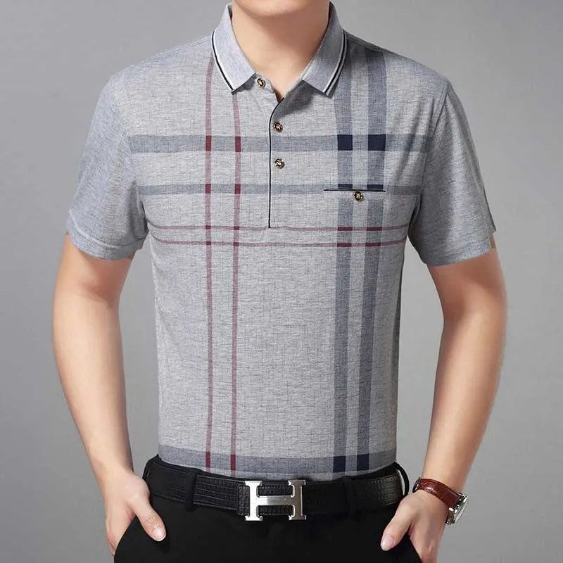 Men's Summer Breathable Contrast Color Plaid Short Sleeve Polo Shirt