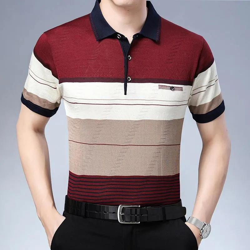 Men's Summer Breathable Striped Short Sleeve Polo Shirt with Pocket