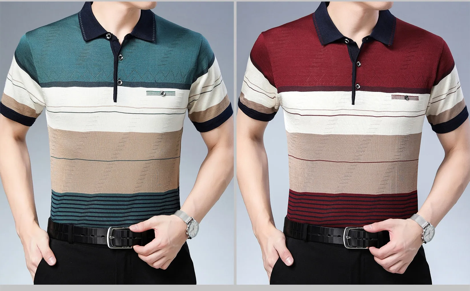 Men's Summer Breathable Striped Short Sleeve Polo Shirt with Pocket