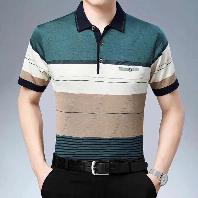 Men's Summer Breathable Striped Short Sleeve Polo Shirt with Pocket