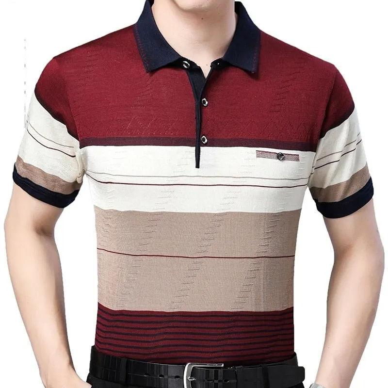 Men's Summer Breathable Striped Short Sleeve Polo Shirt with Pocket