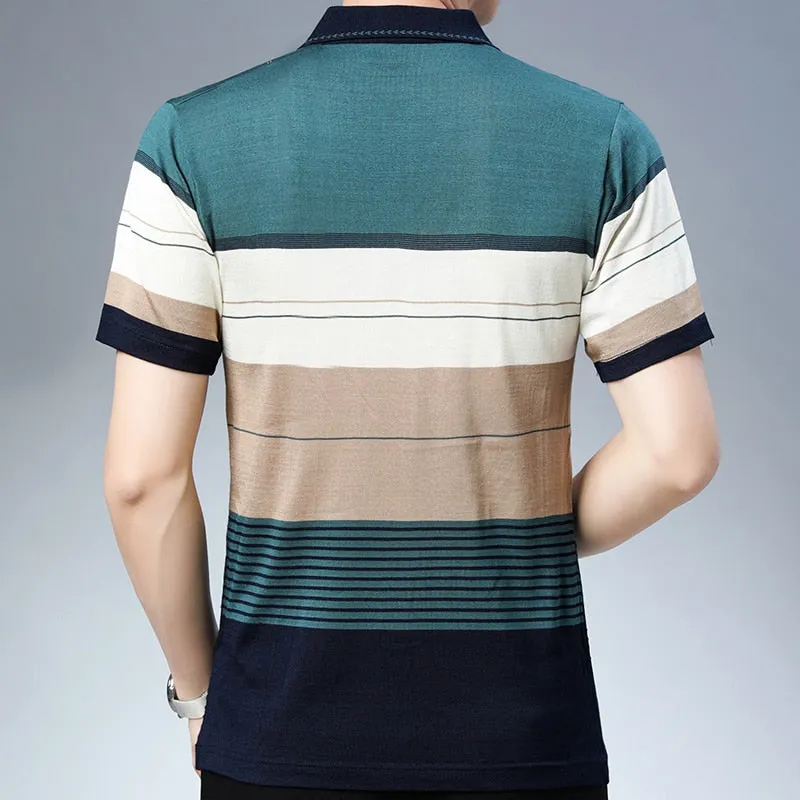 Men's Summer Breathable Striped Short Sleeve Polo Shirt with Pocket