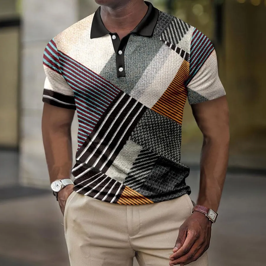 Men's Summer Casual Plaid Pattern Breathable Short Sleeve Polo Shirt