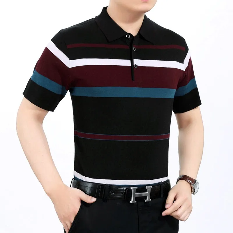 Men's Summer Striped Cotton Breathable Loose Short Sleeves Polo Shirt