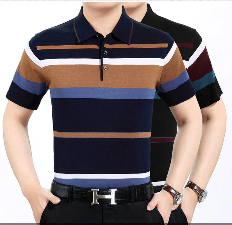 Men's Summer Striped Cotton Breathable Loose Short Sleeves Polo Shirt