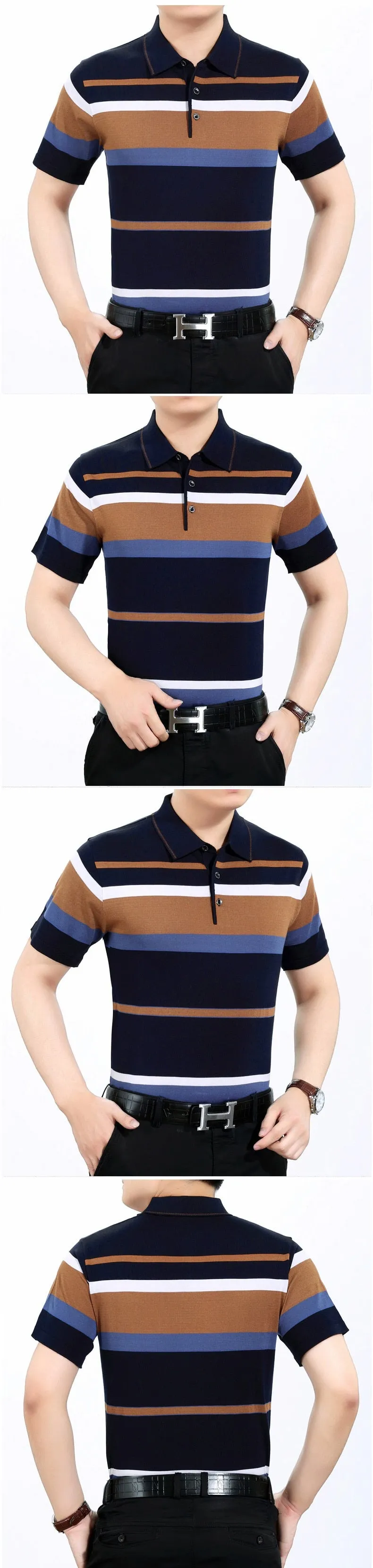 Men's Summer Striped Cotton Breathable Loose Short Sleeves Polo Shirt